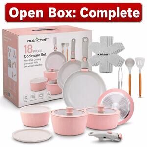 NutriChef 18-Piece Ceramic Cookware Set w/ Detachable Handles - Pink (Open Box)